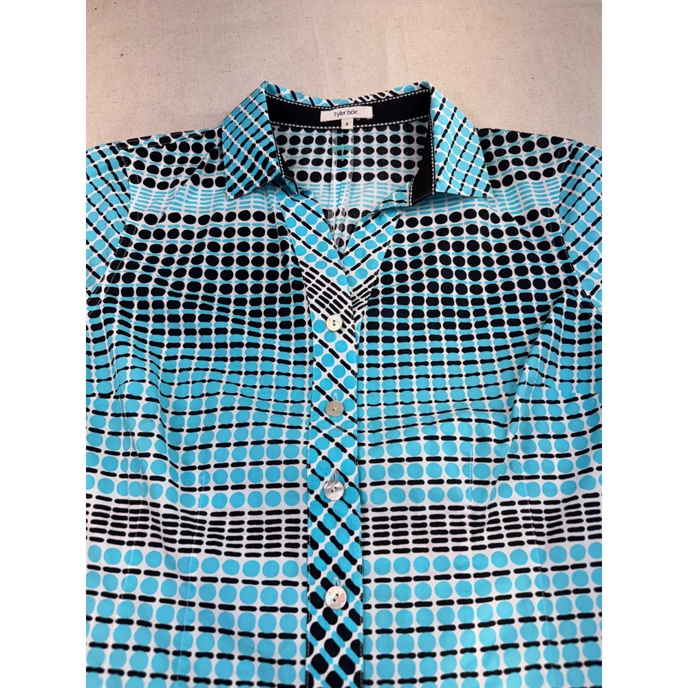 Tyler Boe Women's Turquoise Blue Black‎ Geometric Dot Button Down Shirt Size 6